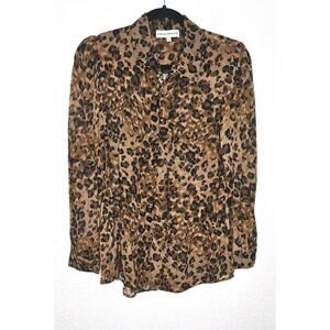 Karina Grimaldi Womens Blouse XS Tan Silk Leopard Long Sleeve Button Up Shirt